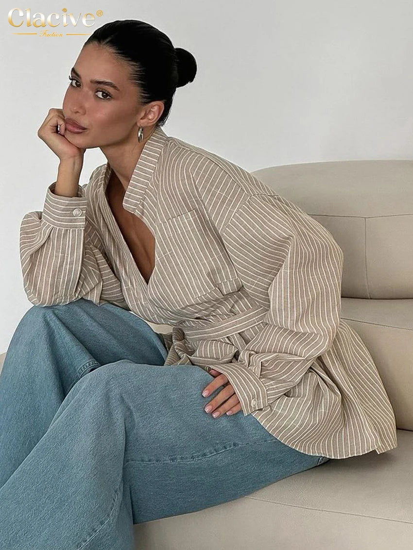 Vintage Loose Brown Stripe Women Shirts 2025 Fashion Stand Collar Long Sleeve Shirt Elegant Classic Top Female Clothing