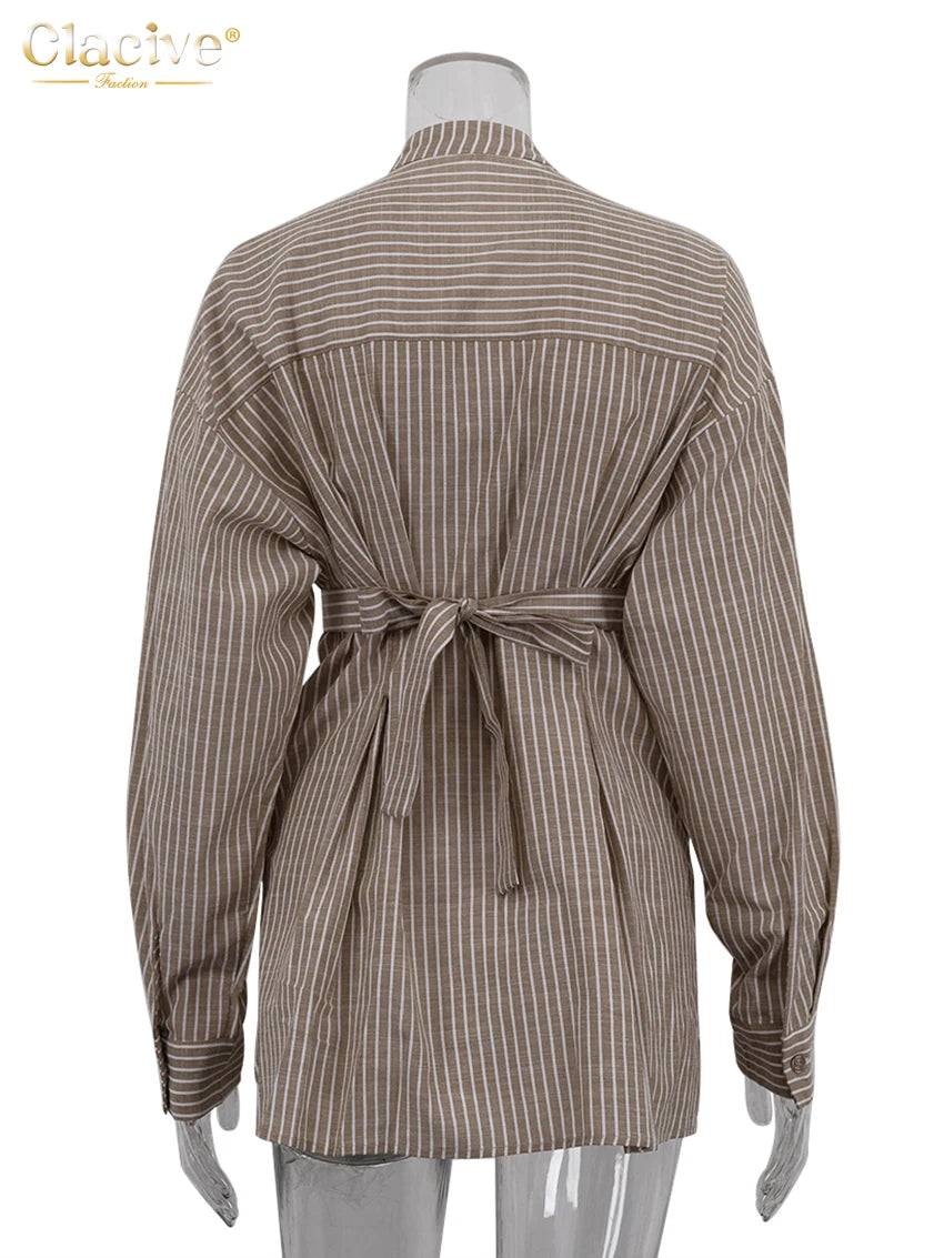 Vintage Loose Brown Stripe Women Shirts 2025 Fashion Stand Collar Long Sleeve Shirt Elegant Classic Top Female Clothing