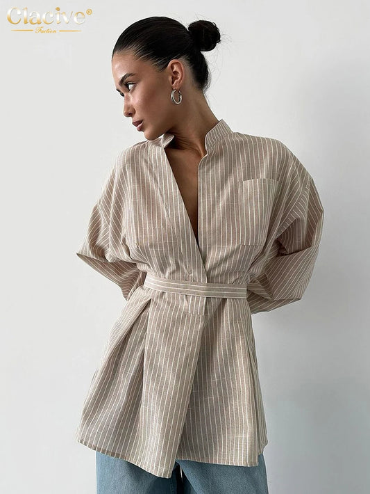 Vintage Loose Brown Stripe Women Shirts 2025 Fashion Stand Collar Long Sleeve Shirt Elegant Classic Top Female Clothing