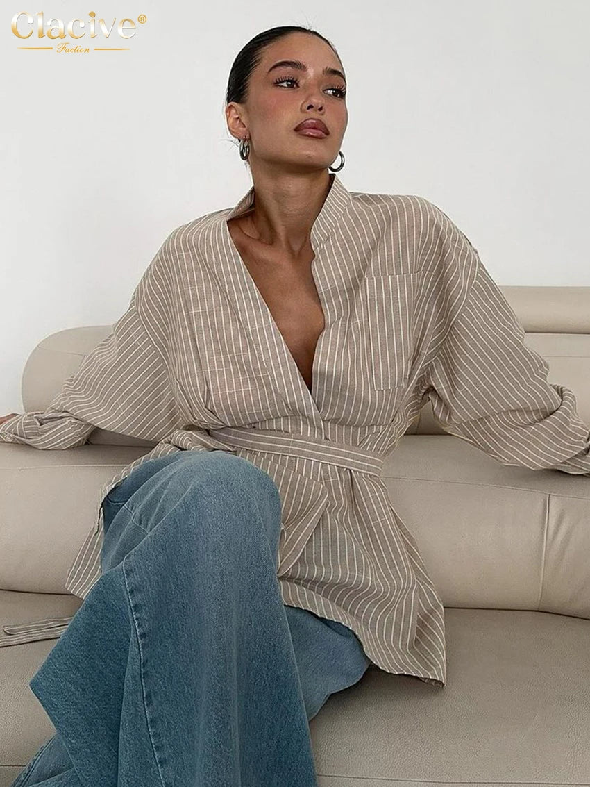 Vintage Loose Brown Stripe Women Shirts 2025 Fashion Stand Collar Long Sleeve Shirt Elegant Classic Top Female Clothing