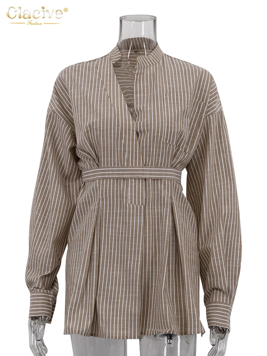 Vintage Loose Brown Stripe Women Shirts 2025 Fashion Stand Collar Long Sleeve Shirt Elegant Classic Top Female Clothing