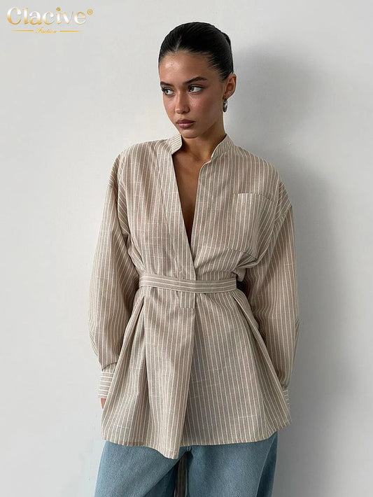 Vintage Loose Brown Stripe Women Shirts 2025 Fashion Stand Collar Long Sleeve Shirt Elegant Classic Top Female Clothing