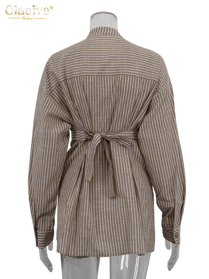 Vintage Loose Brown Stripe Women Shirts 2025 Fashion Stand Collar Long Sleeve Shirt Elegant Classic Top Female Clothing